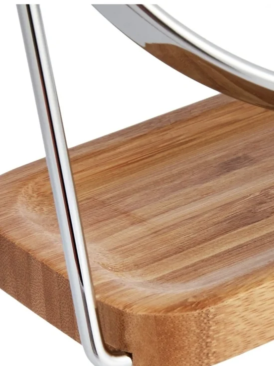 Chrome Rim Mirror with Bamboo Base - Sleek Silver and Natural Wood - Picture 4 of 10